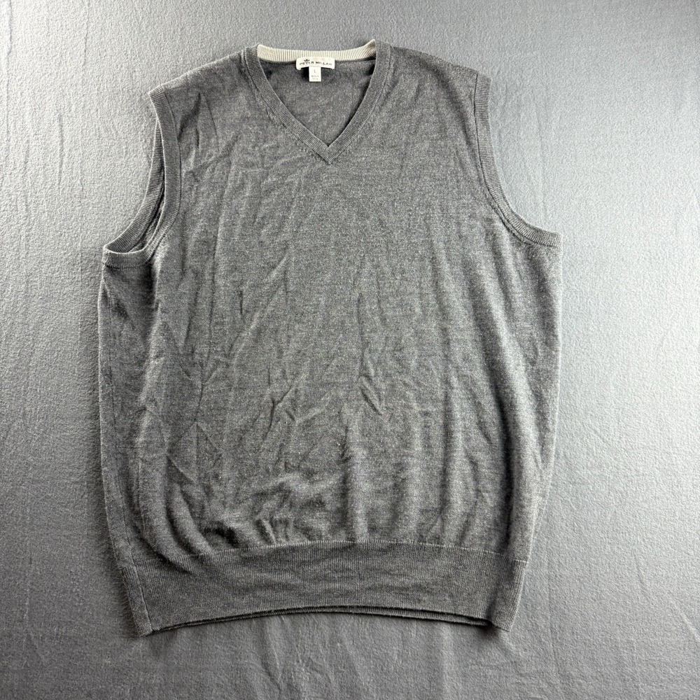 Peter Millar Sweater Vest Men's L Gray Merino Wool Silk V Neck Golf Crown Sport